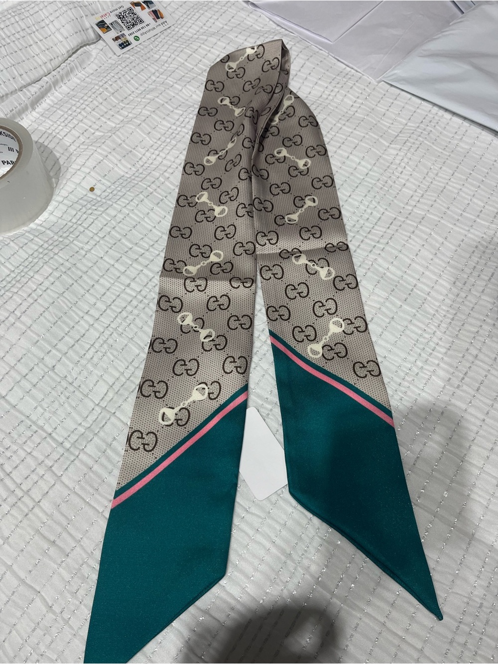 Designer-Inspired Teal and Beige Patterned Twilly Scarf